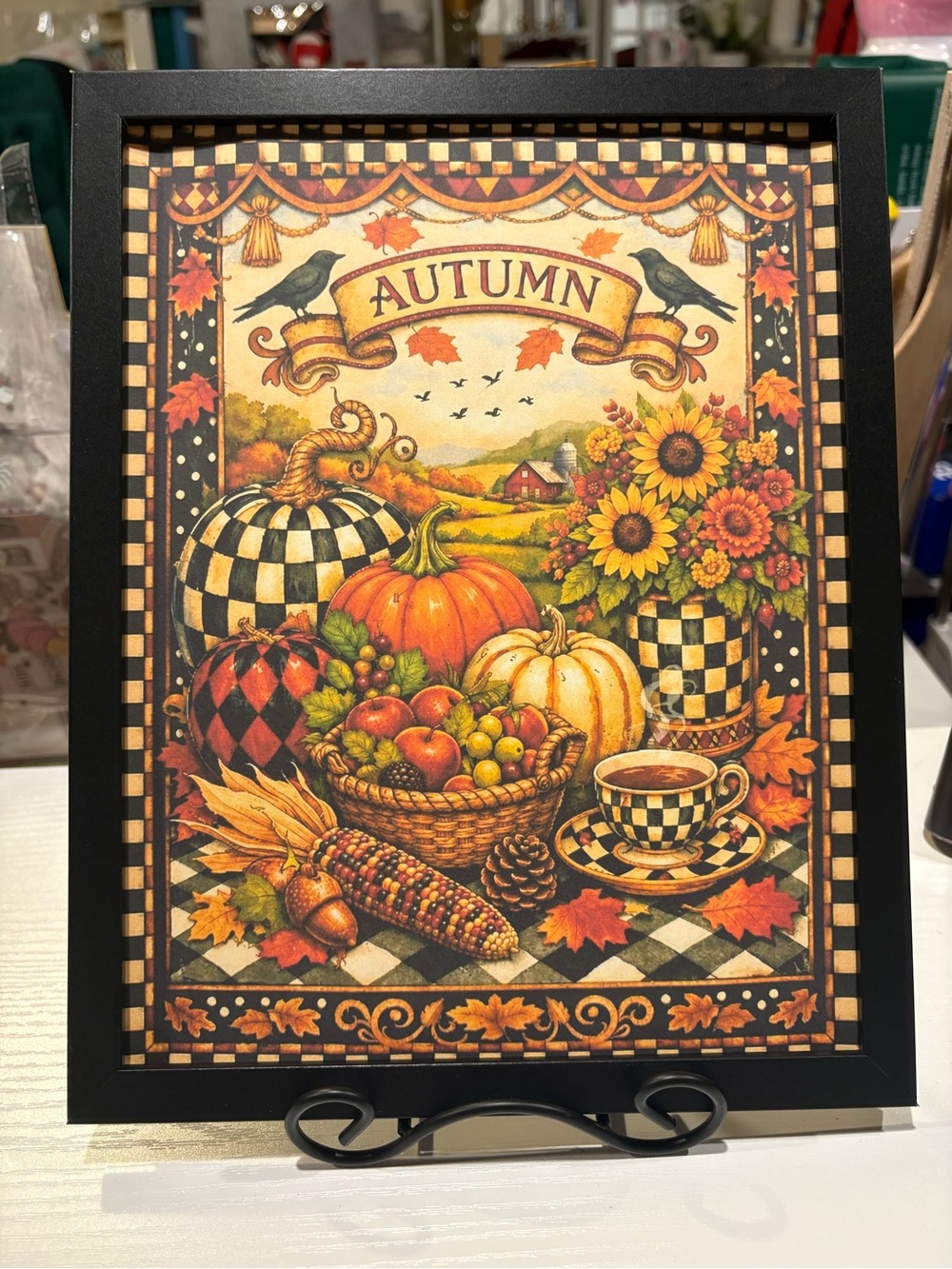 Autumn Harvest Framed 8x10 Art Print- Ironic Checkered Pumpkin & Sunflower Scene